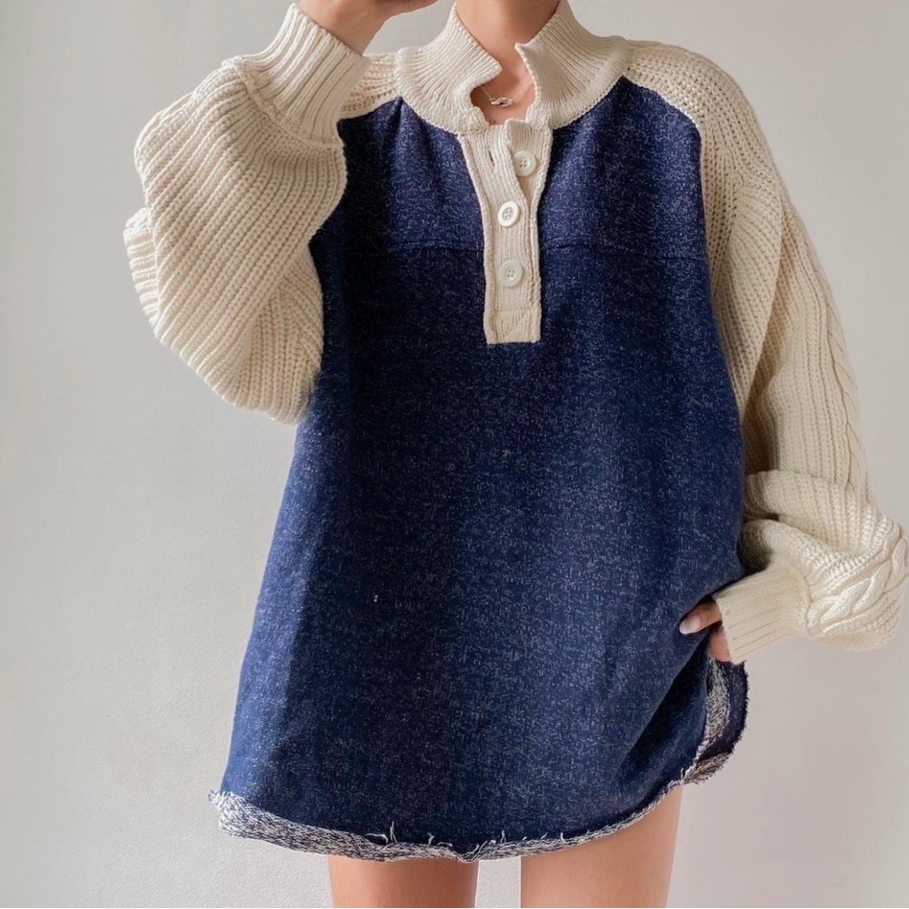 Free People We the Free Marco Polo in Navy Combo Oversized sweater shirt Large